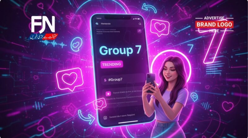 TikTok screen showing “Group 7” trend hashtag and creator Sophia James pointing at viewer