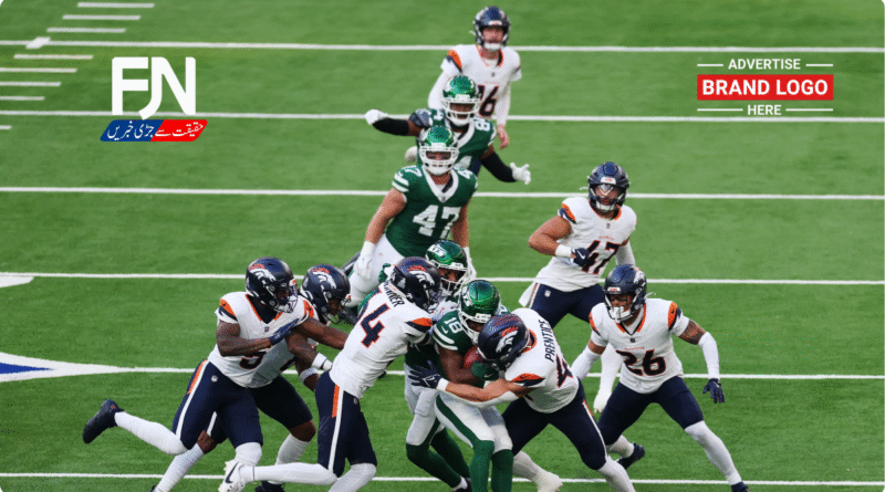 Broncos vs Jets intense fourth-quarter standoff at Tottenham Hotspur Stadium, Denver players celebrating narrow victory