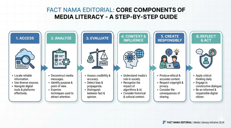 Media literacy definition components showing analysis, evaluation, and critical thinking across digital media