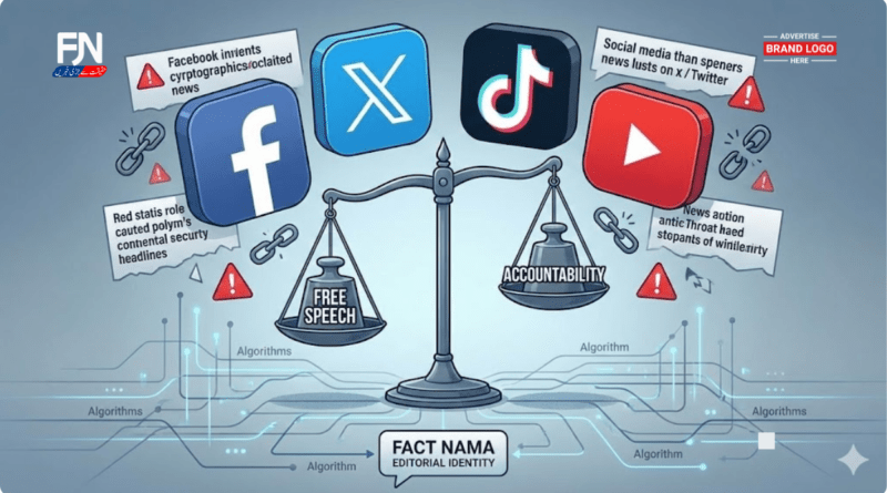 should social media platforms be held responsible for misinformation illustration with social media icons and warning symbols